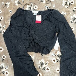 Black Crop Tie Front Blouse